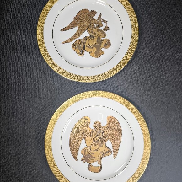 Set Of Two Centurion Collection 9414 Pure Gold And White Plates Christmas Angel - Picture 1 of 10